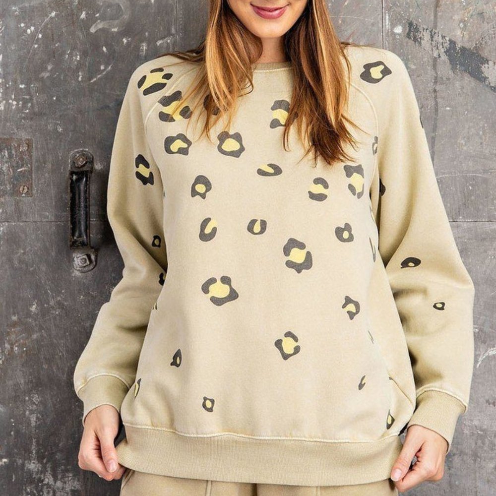 Women's Khaki Long Sleeve Crew Neck Leopard Print Washed Terry Sweatshirt NWT